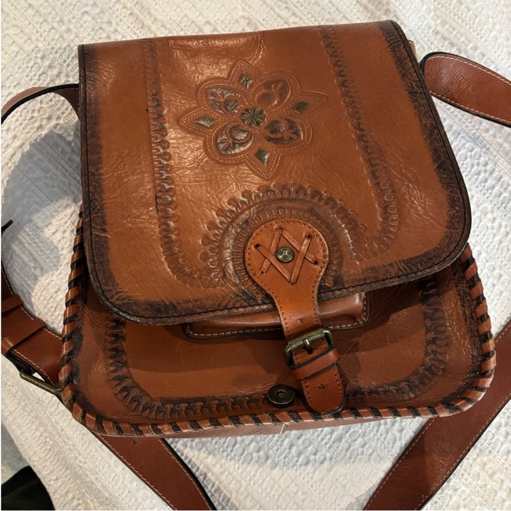 Patricia Nash Cognac Tooled Leather Floral Crossbody Bag